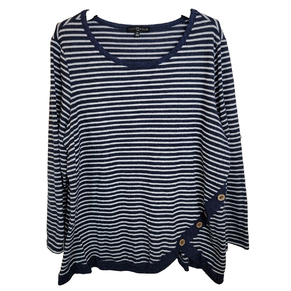 Fred David Blue Striped Scoop Neck Button Hem Long Sleeve Top Women's Size 2X